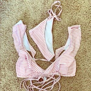 Pink and White Striped Ruffle Bikini